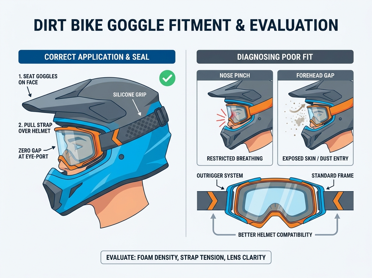 Rider adjusting off-road eye protection and checking helmet eye-port integration